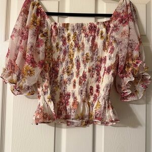 Wayf Floral Smocked Blouse in Pink and Yellow